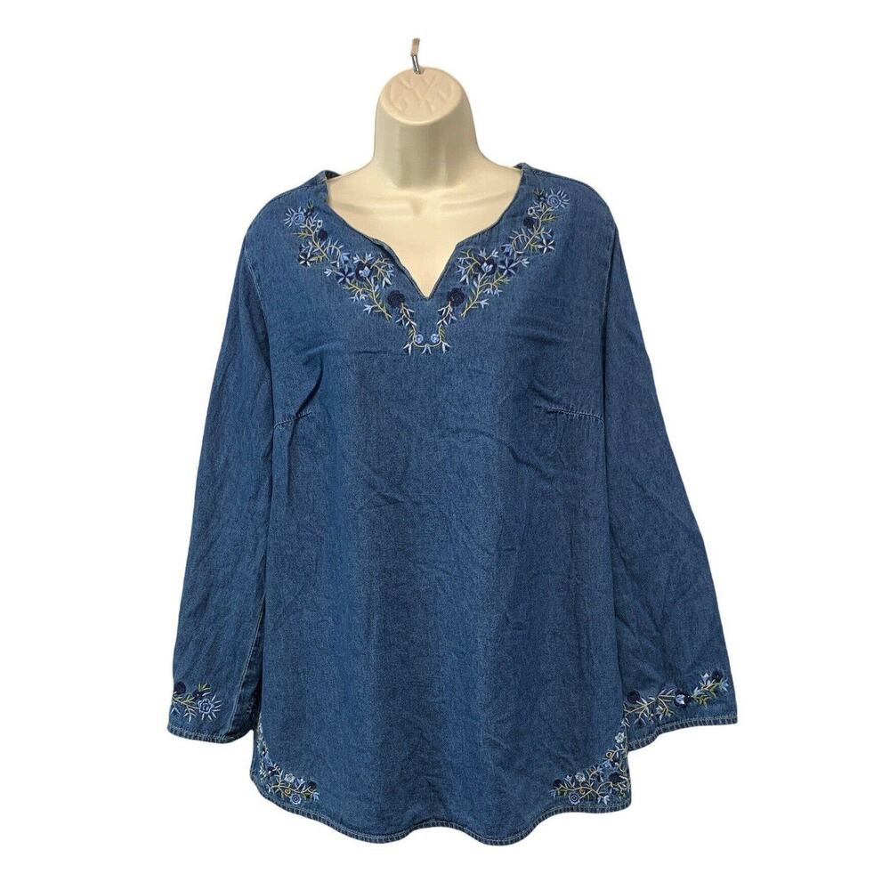 Fashion Bug Womens Denim Top Cotton Embroidered Long Sleeve Size 14 / 16W